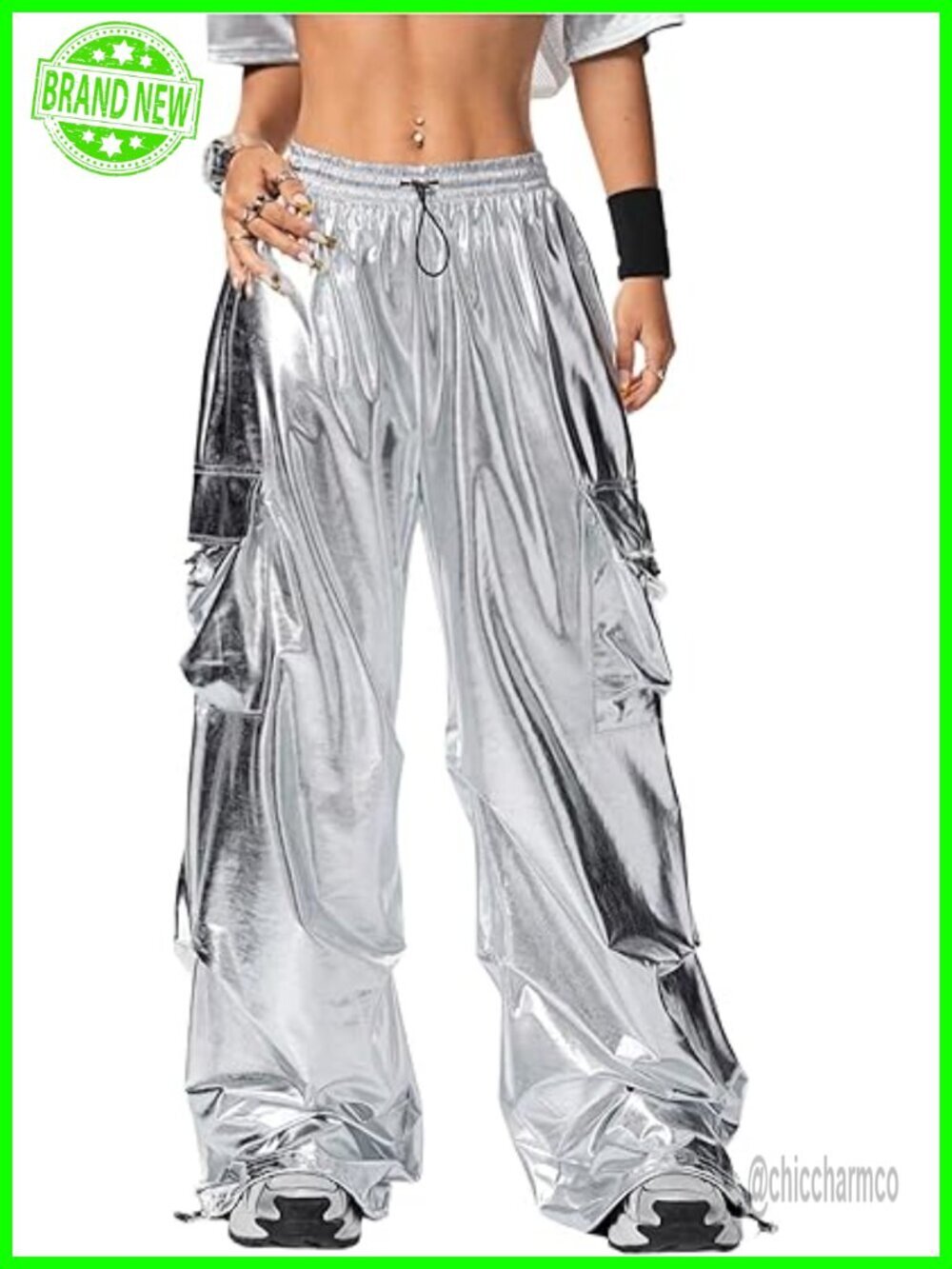 Metallic Cargo Pants Wide Leg Y2k Baggy Joggers with Pockets
